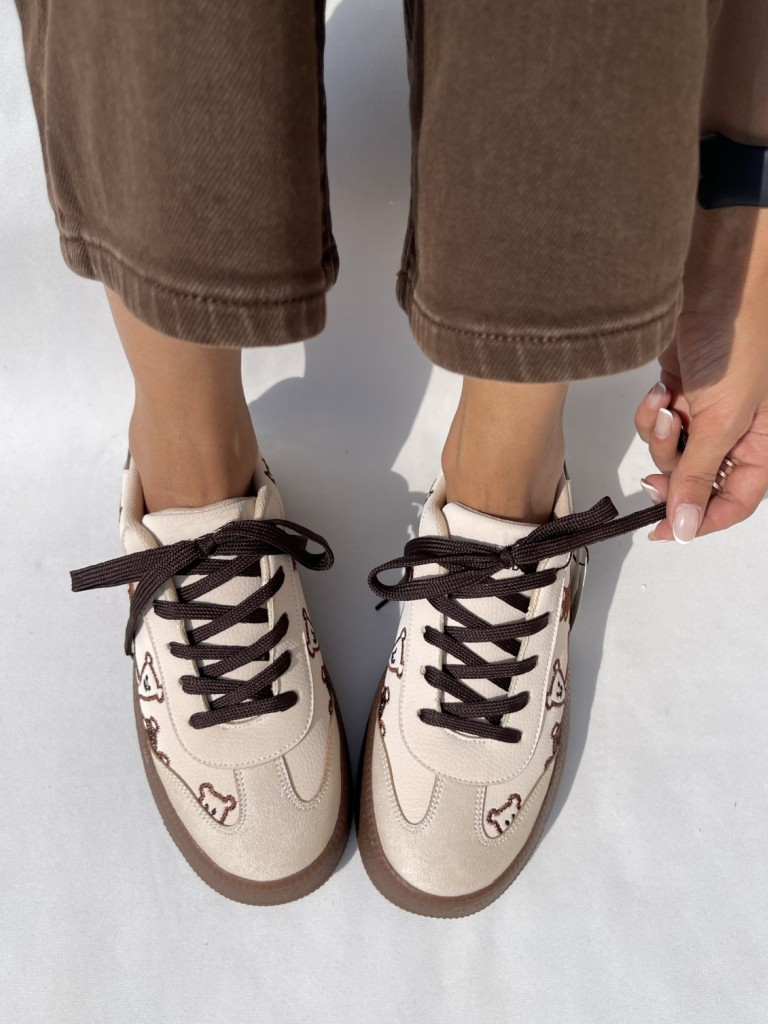 Cream suede platform sneakers with brown teddy bear embroidery and dark brown laces and sole
