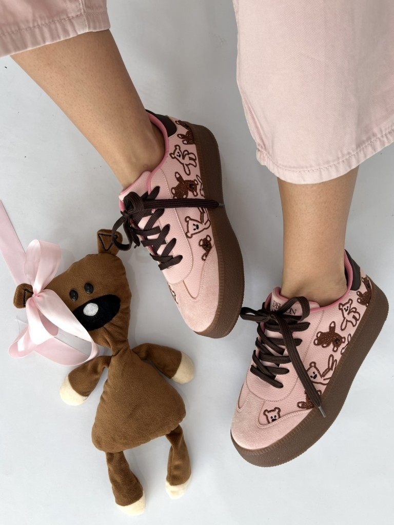 Peach suede platform sneakers with brown teddy bear embroidery and dark brown laces and sole