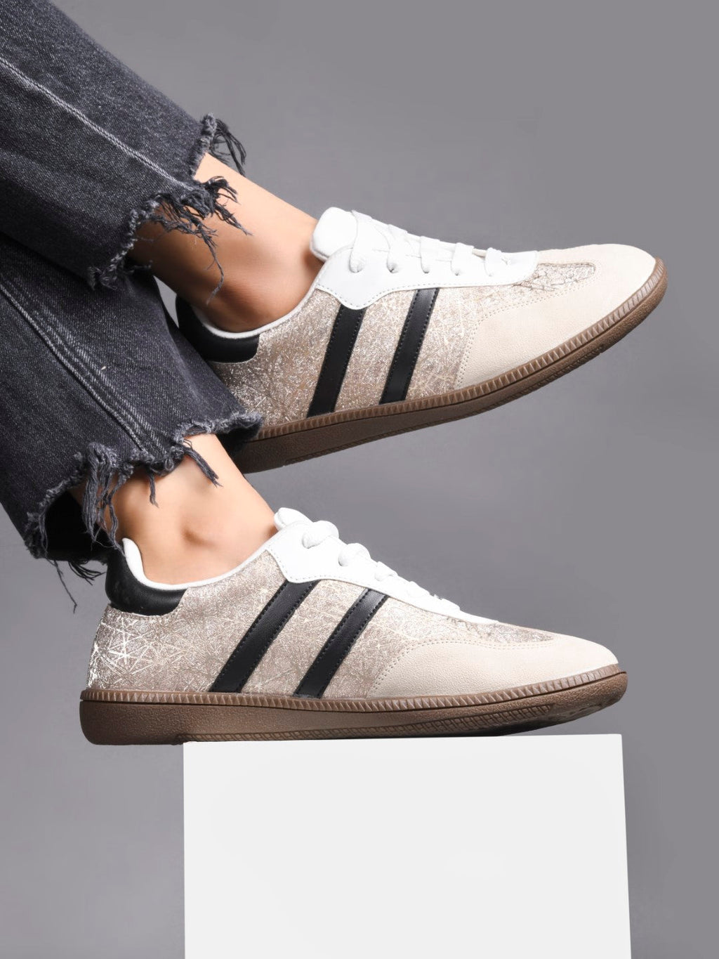 JM Looks Casual Lace-Up Sneakers with Contrasting Stripes