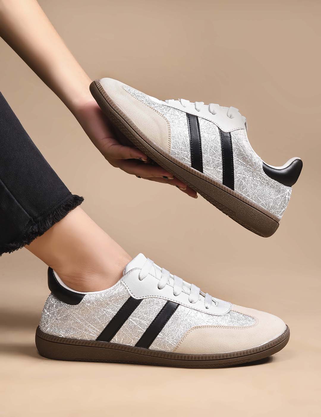 JM Looks Casual Lace-Up Sneakers with Contrasting Stripes