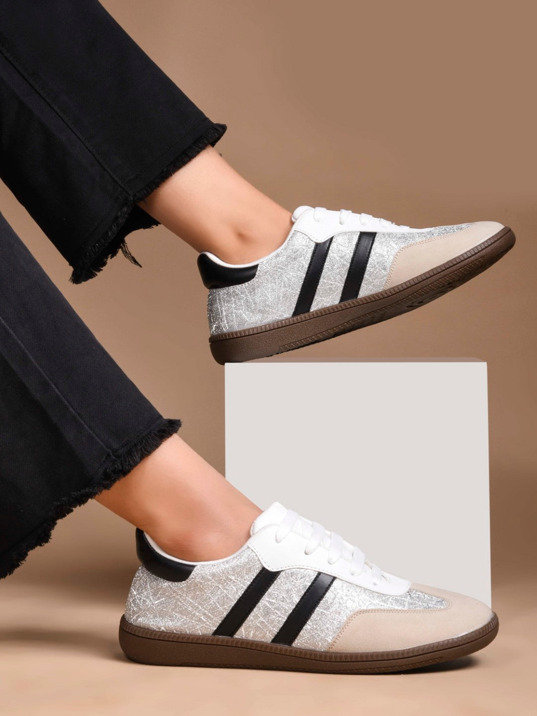 JM Looks Casual Lace-Up Sneakers with Contrasting Stripes