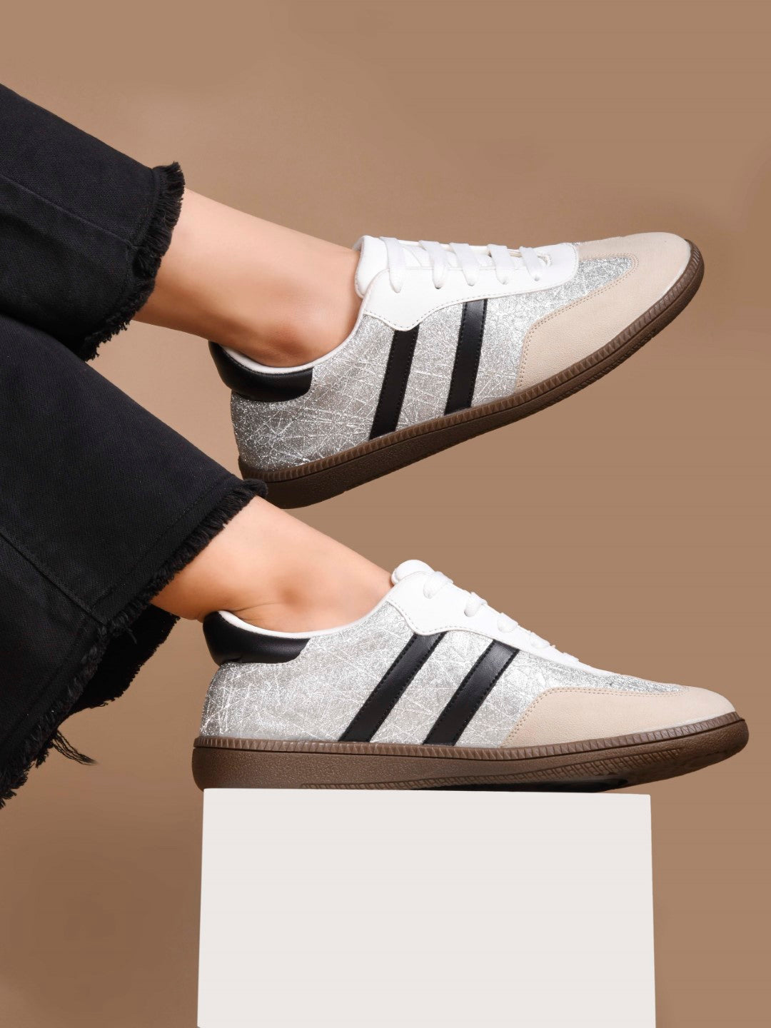 JM Looks Casual Lace-Up Sneakers with Contrasting Stripes