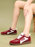 Cherry Red Lace-Up Sneakers for Women - Suede and Leather Panel Design with White Stripe Detail and Brown Gum Sole
