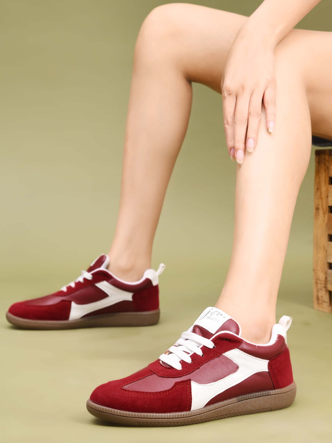 Cherry Red Lace-Up Sneakers for Women - Suede and Leather Panel Design with White Stripe Detail and Brown Gum Sole