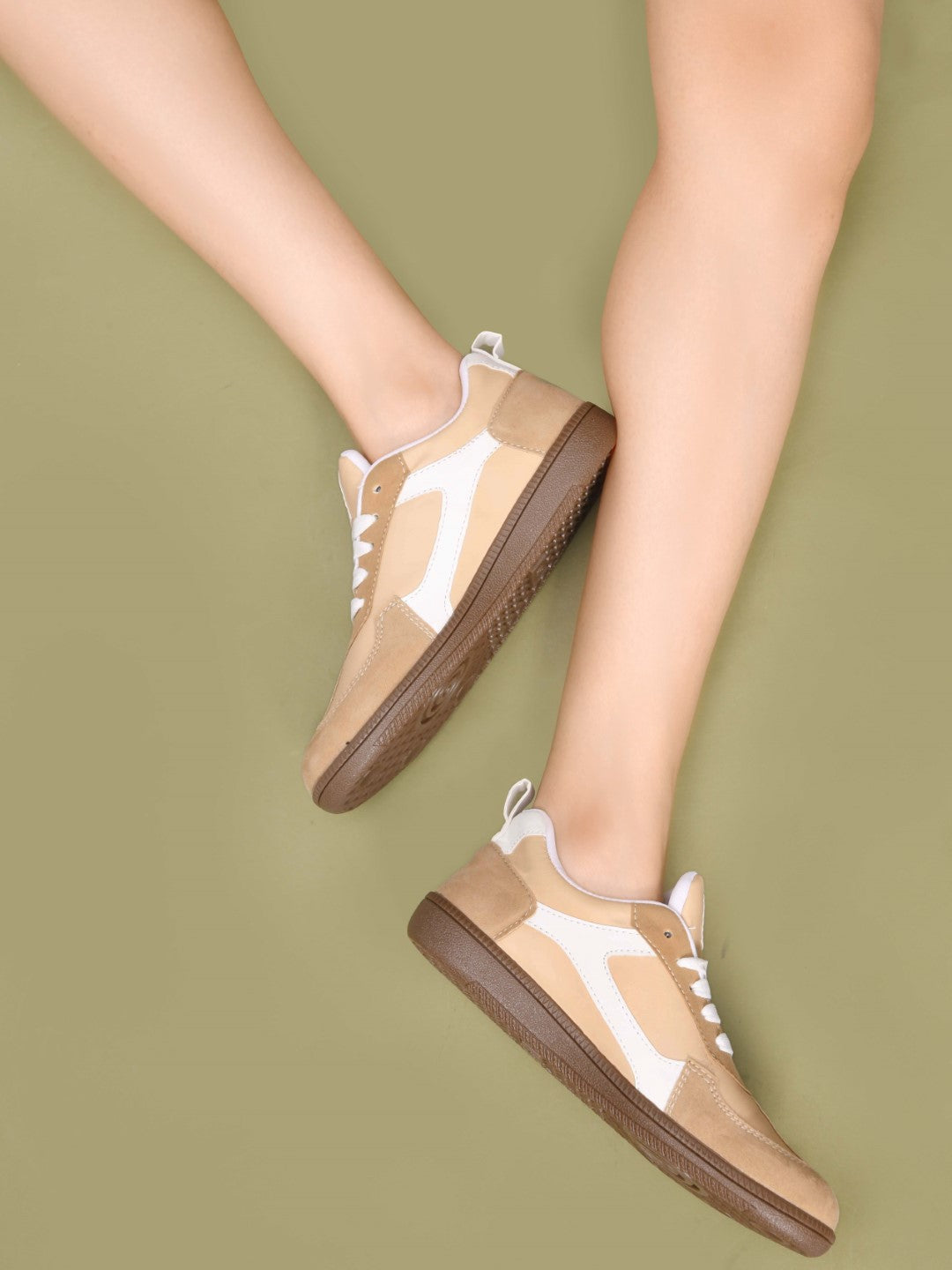 Cream Lace-Up Sneakers for Women - Suede and Leather Panel Design with White Stripe Detail and Brown Gum Sole