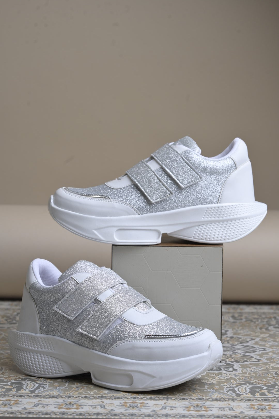 Jm Looks chunky sole sneakers with a glitter upper and three velcro straps  White