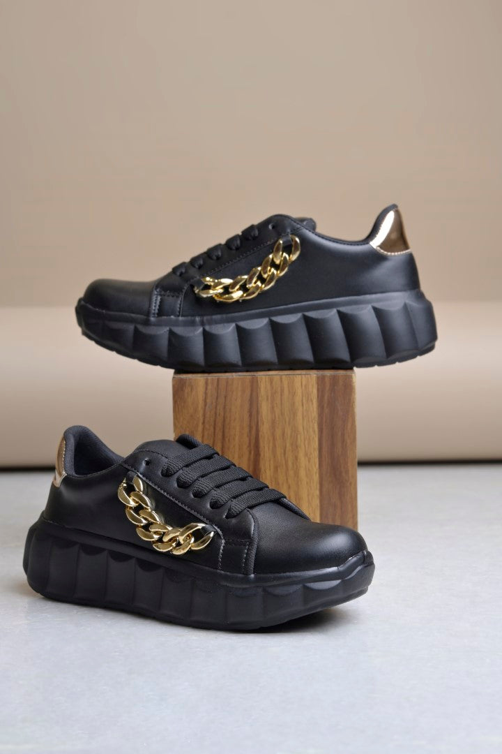 platform lace-up sneakers with a chunky sole and a decorative chain embellishment  Black