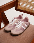 JM Looks Peach suede lace-up sneakers with side stripes and gum sole for women