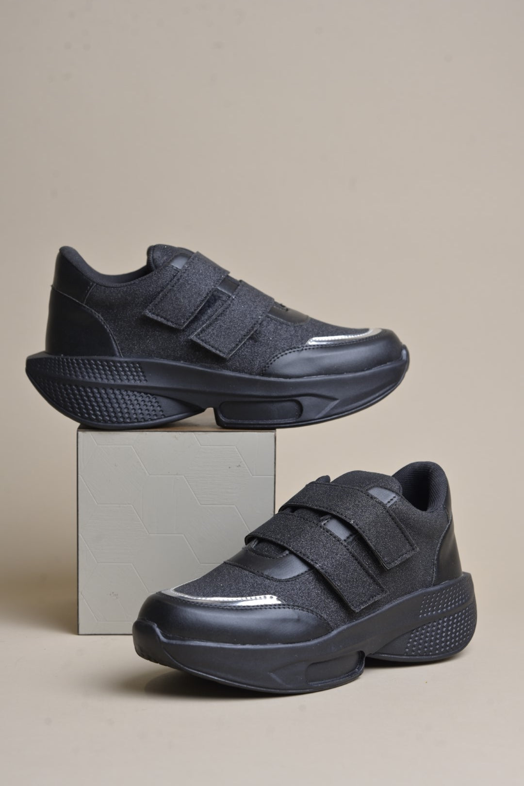 Jm Looks chunky sole sneakers with a glitter upper and three velcro straps  Black