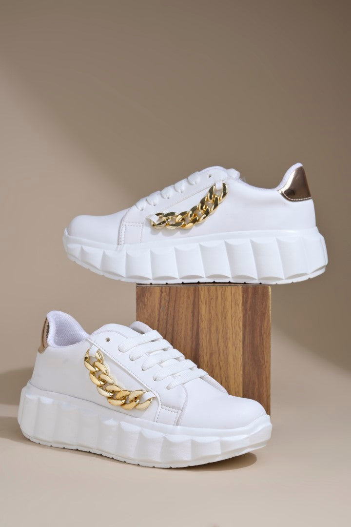 platform lace-up sneakers with a chunky sole and a decorative chain embellishment  White