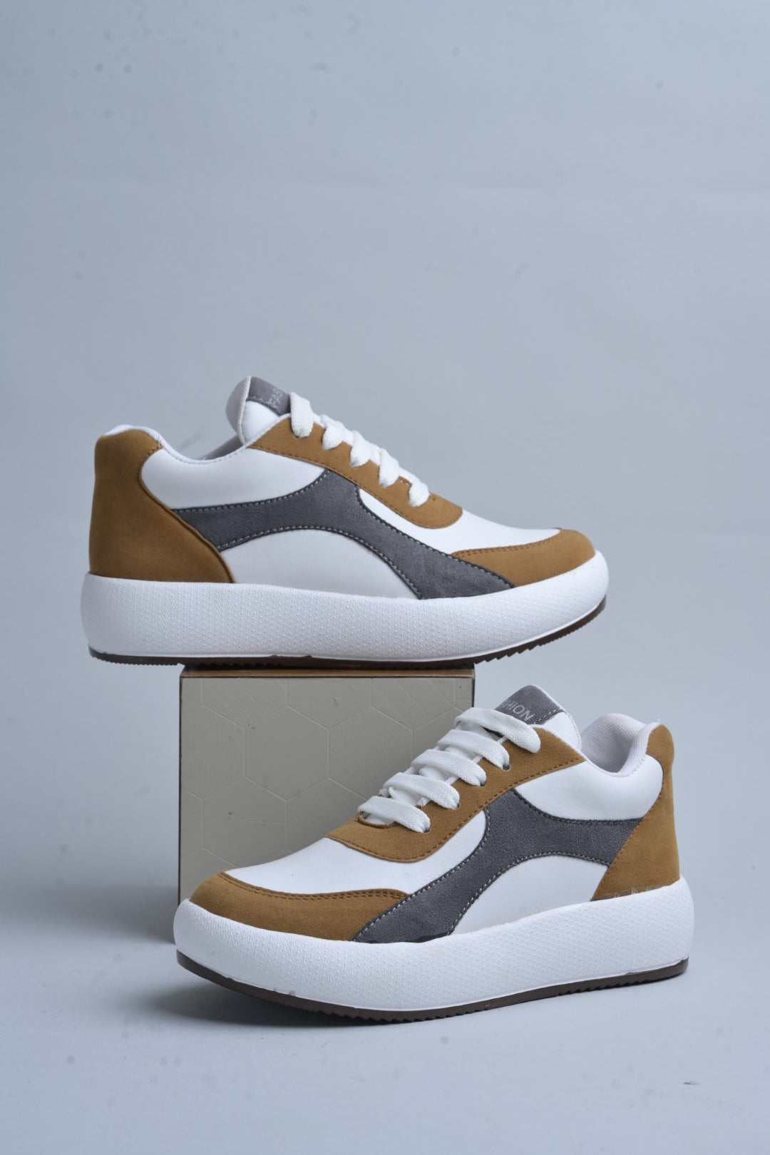 Jm Looks stylish comfort sneakers with contrasting panels and white laces  Tan