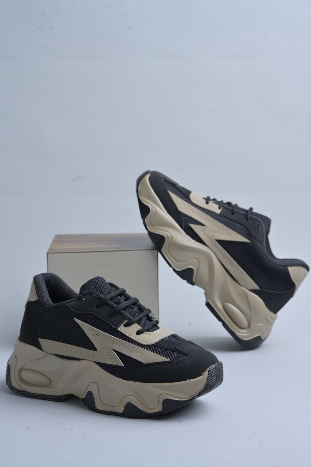Black Beige Chunky Sneakers for Women lace-up mesh upper thick sole trendy casual stylish comfortable platform footwear