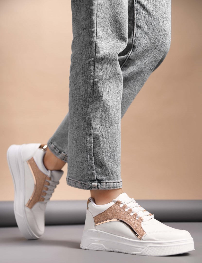 White sneakers for women with Sultan  glitter panels, lace-up front, chunky platform sole, and metallic trim.