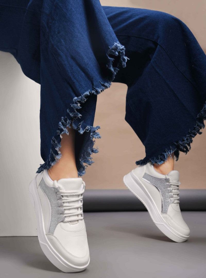 platform lace-up sneakers with a sparkly side panel and a chunky sole  Silver