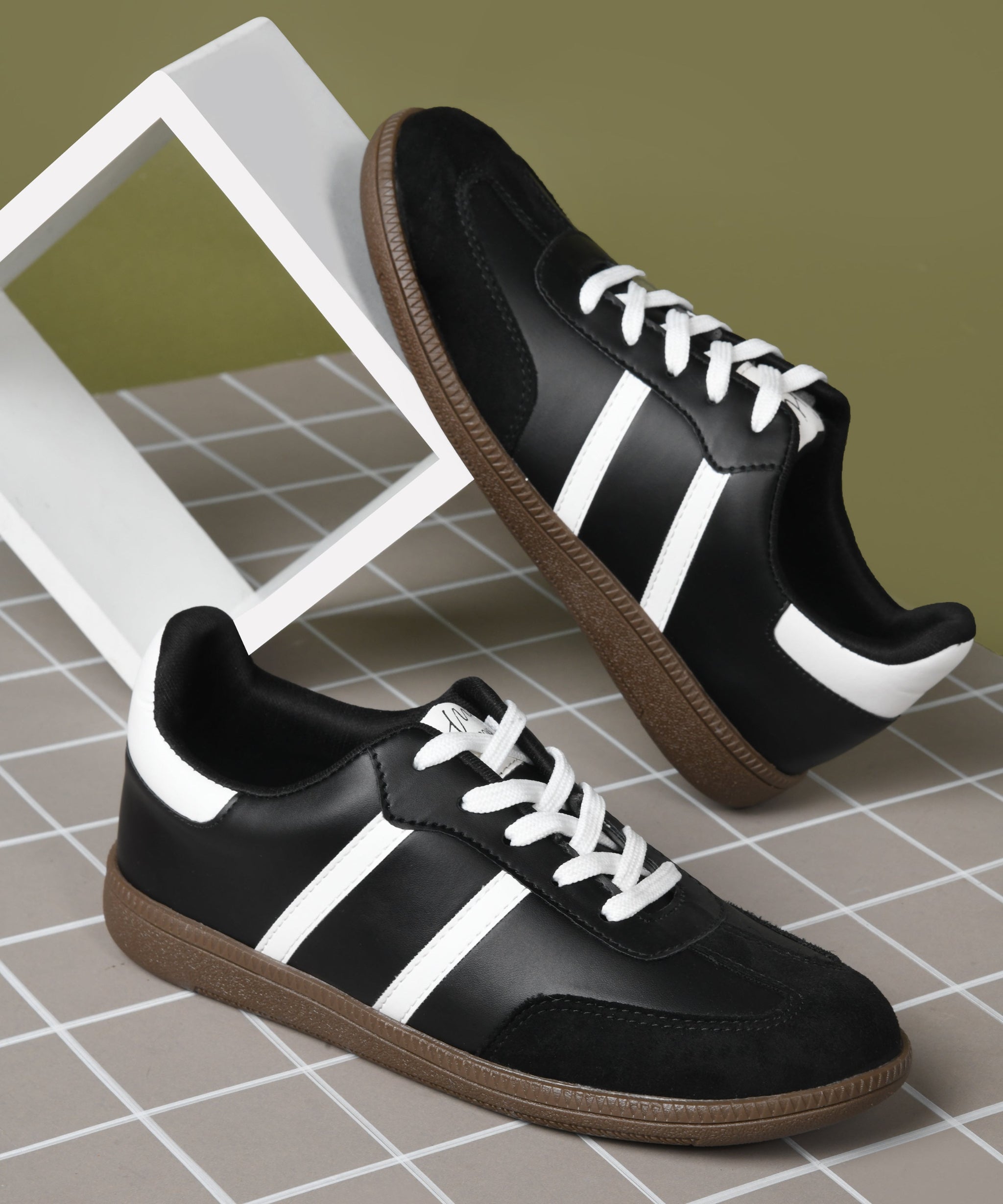 JM Looks Black suede lace-up sneakers with side stripes and gum sole for women