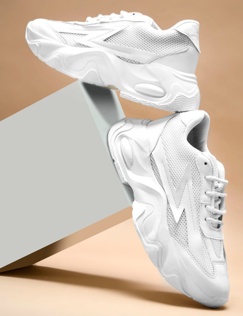 White Chunky Sneakers for Women lace-up mesh upper thick sole trendy casual stylish comfortable platform footwear