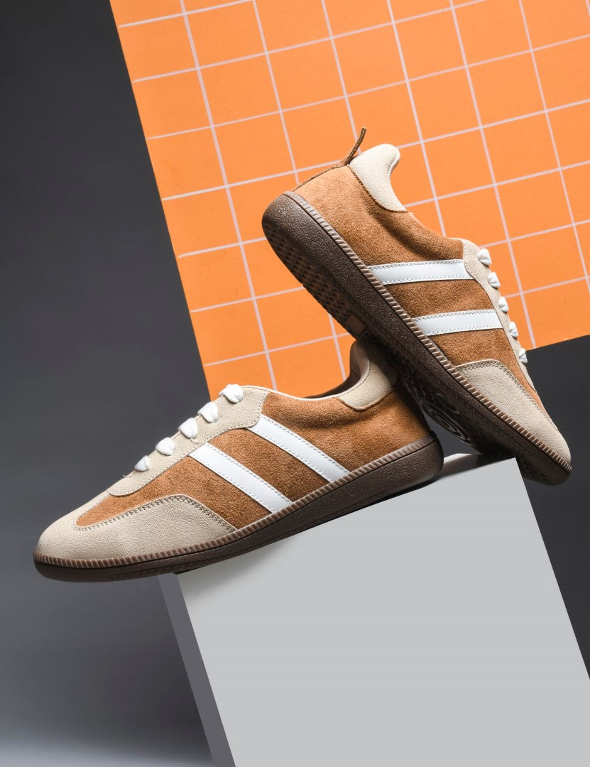 JM Looks Beige suede lace-up sneakers with side stripes and gum sole for women