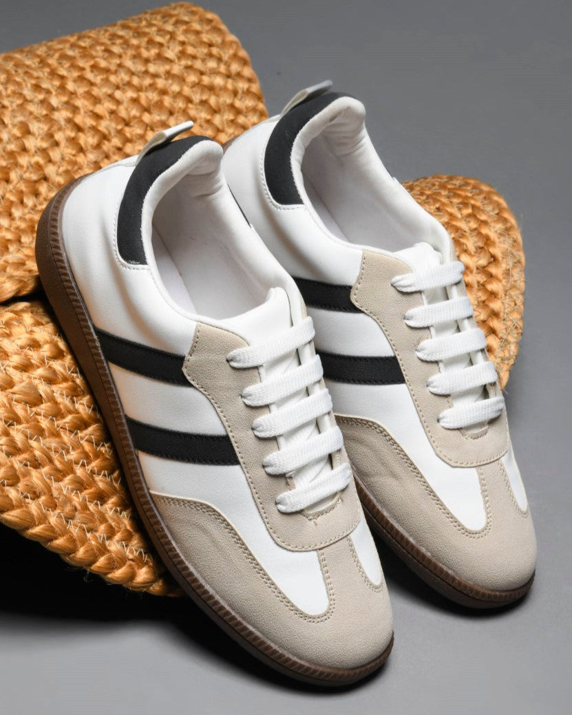 JM Looks White suede lace-up sneakers with side stripes and gum sole for women