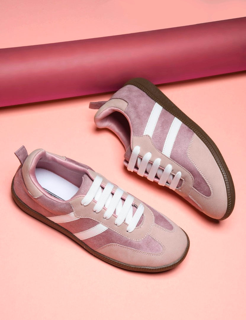 JM Looks Peach suede lace-up sneakers with side stripes and gum sole for women