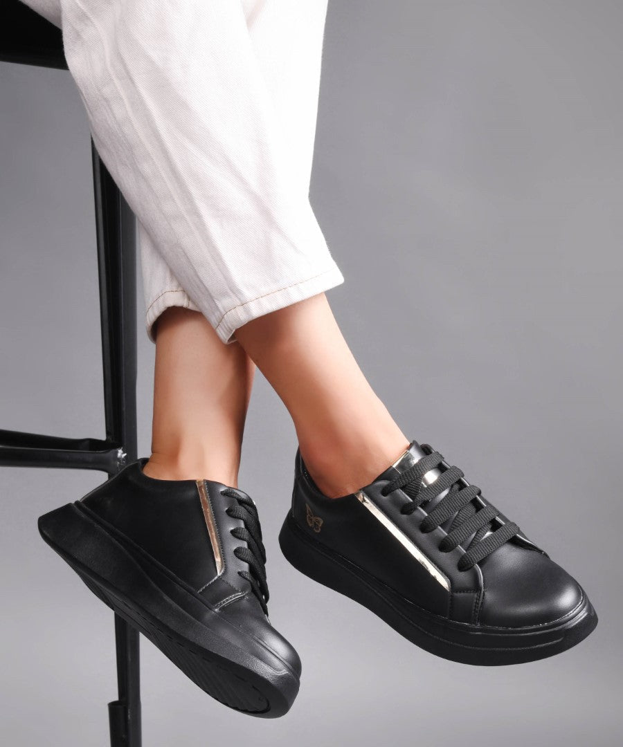Black Metallic Sneakers for Women with lace-up closure gold butterfly logo and chunky white sole