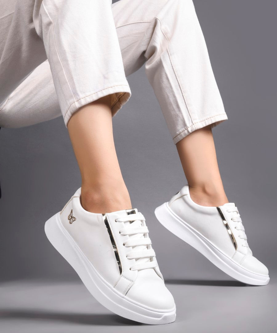 White Metallic Sneakers for Women with lace-up closure gold butterfly logo and chunky white sole