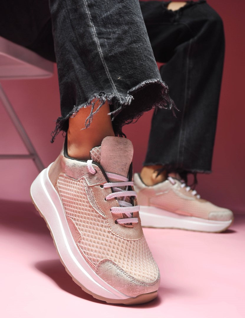 chunky sole sneakers with mesh panels and durable outsoles  Pink