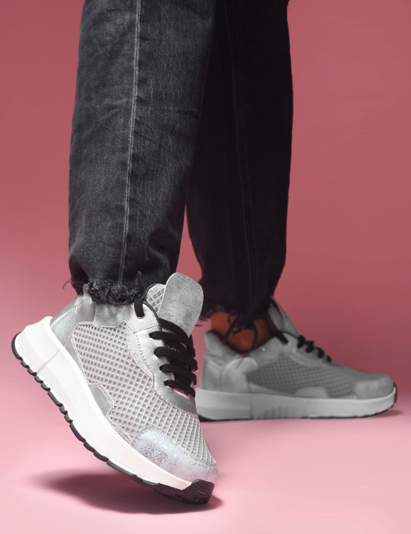 chunky sole sneakers with mesh panels and durable outsoles  Grey