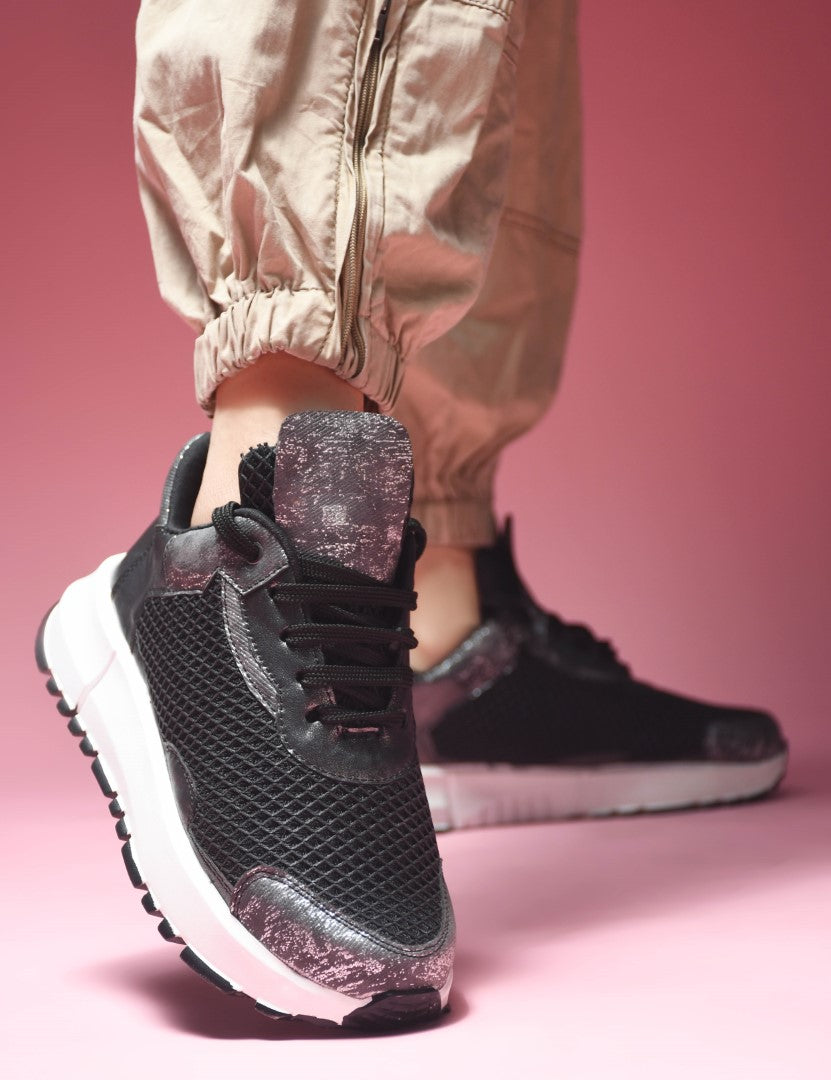 chunky sole sneakers with mesh panels and durable outsoles  Black