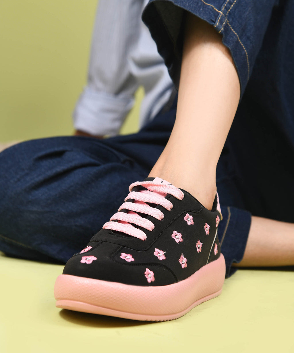 Suede Flower Printed Low-Top Sneakers