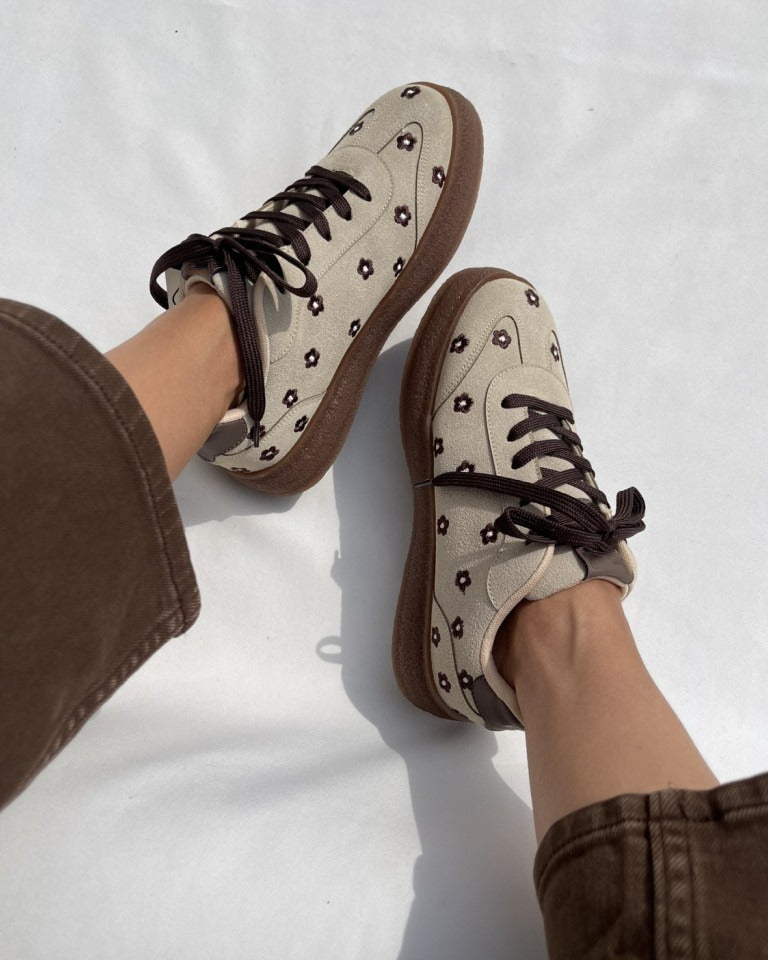 Suede Flower Printed Low-Top Sneakers