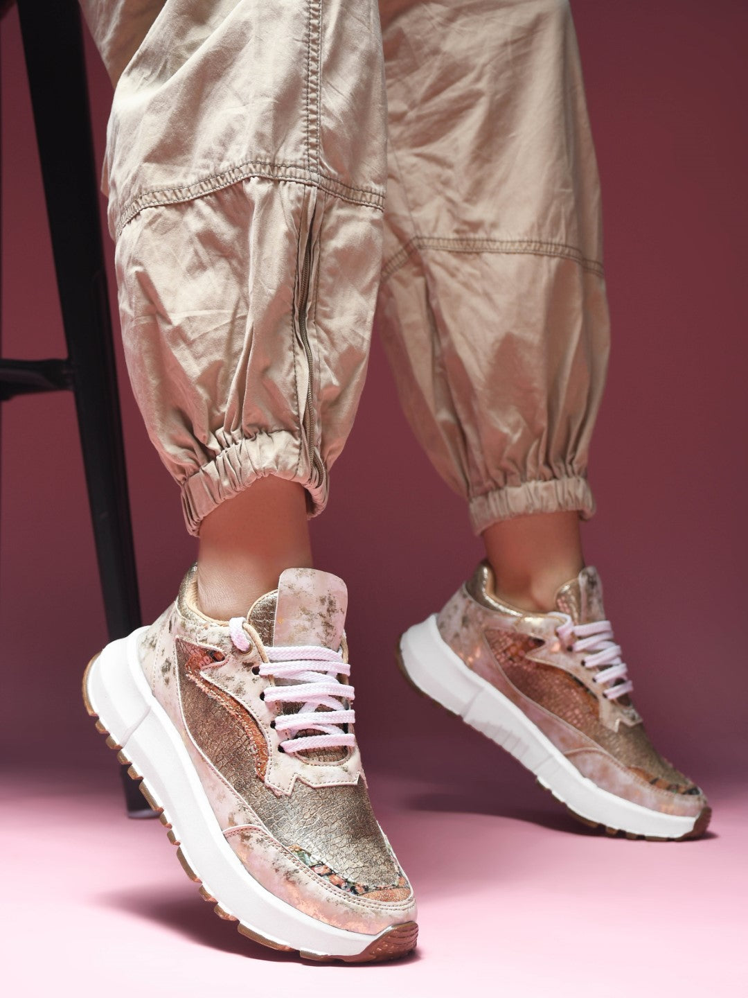 GOLDEN women's chunky sneakers with snakeskin texture, floral sequin panels, white platform sole, lace-up front