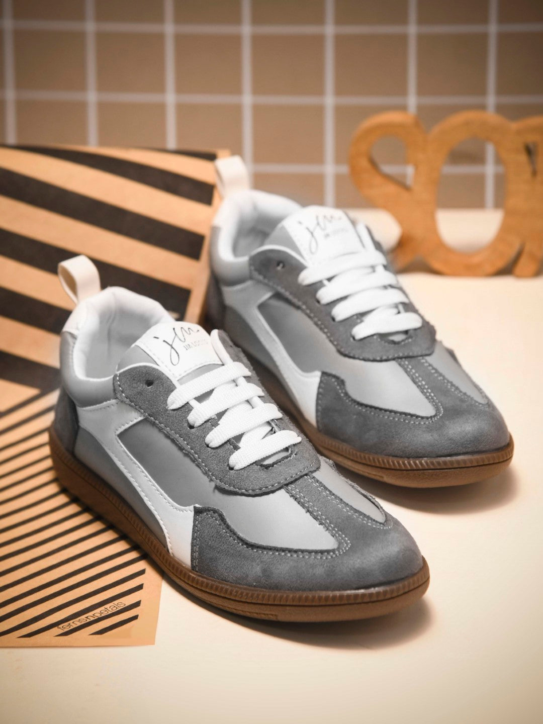 Grey Lace-Up Sneakers for Women - Suede and Leather Panel Design with White Stripe Detail and Brown Gum Sole