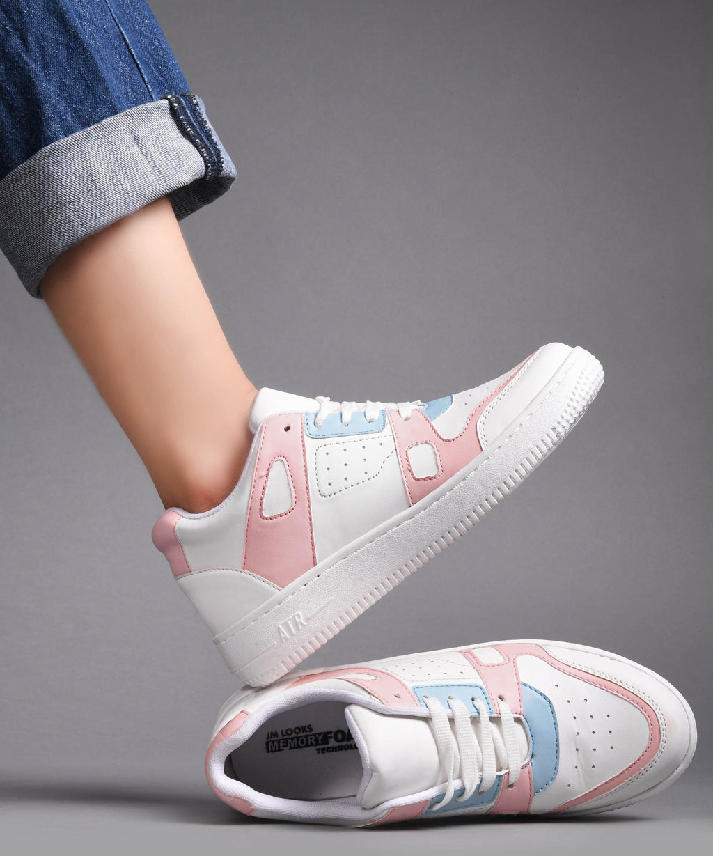 Sneakers with Dual-Tone Pastel Panels & Cushioned Sole