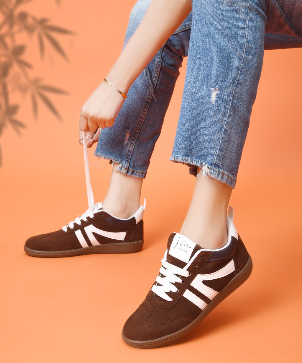 JM Looks Brown Suede Retro Sneakers with White Stripe Detail for Women 