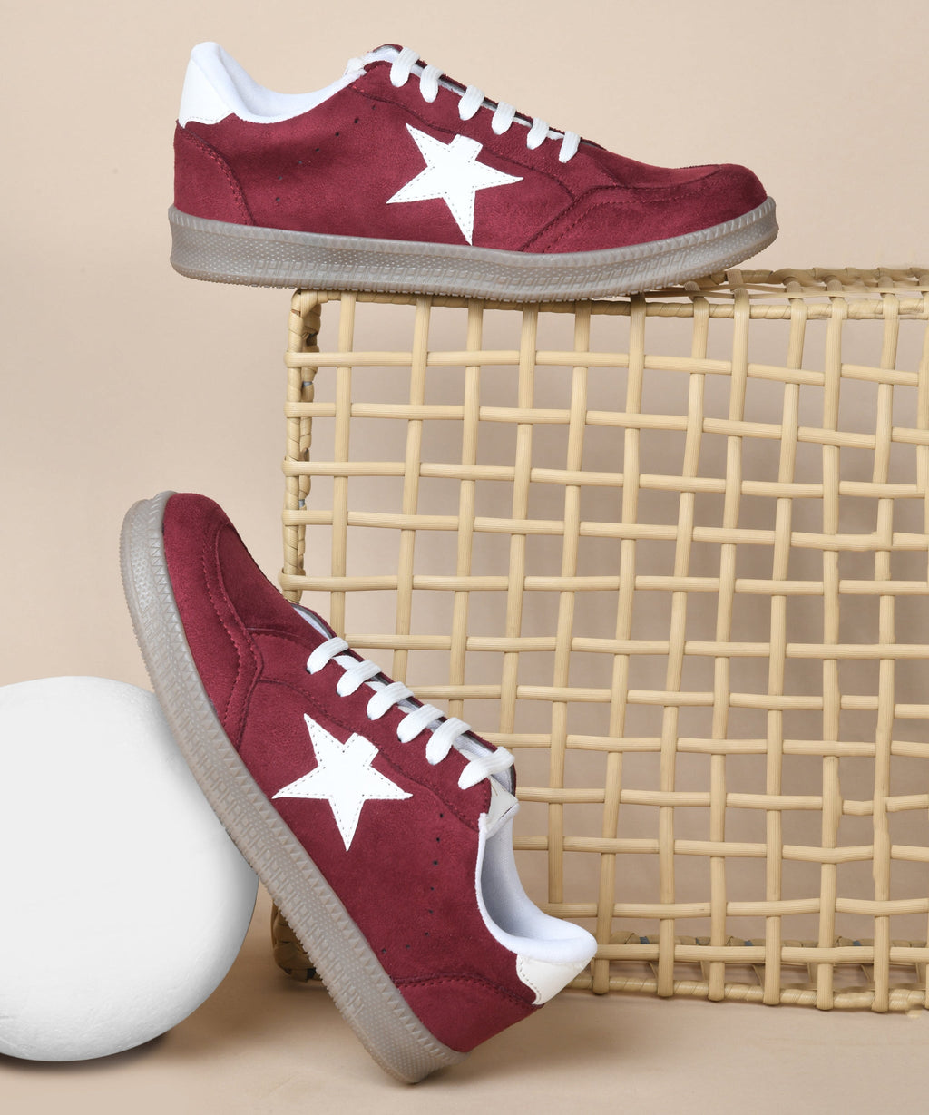 Cherry star sneakers women, suede lace-up shoes with white star detail and gum sole.