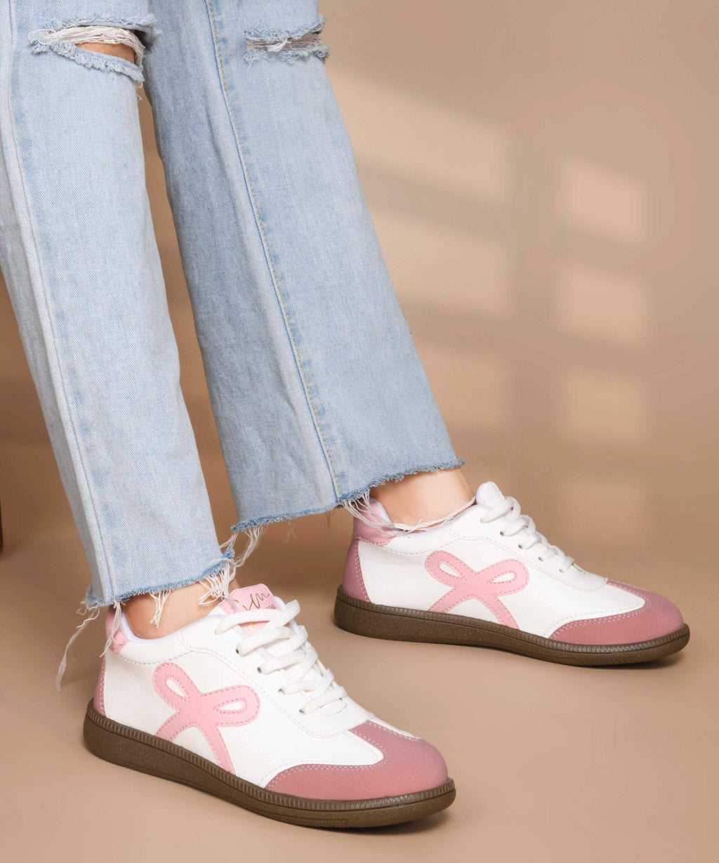 Women's Sneakers Lace-Up Casual Sneakers for Girls, Bow Ribbon Design