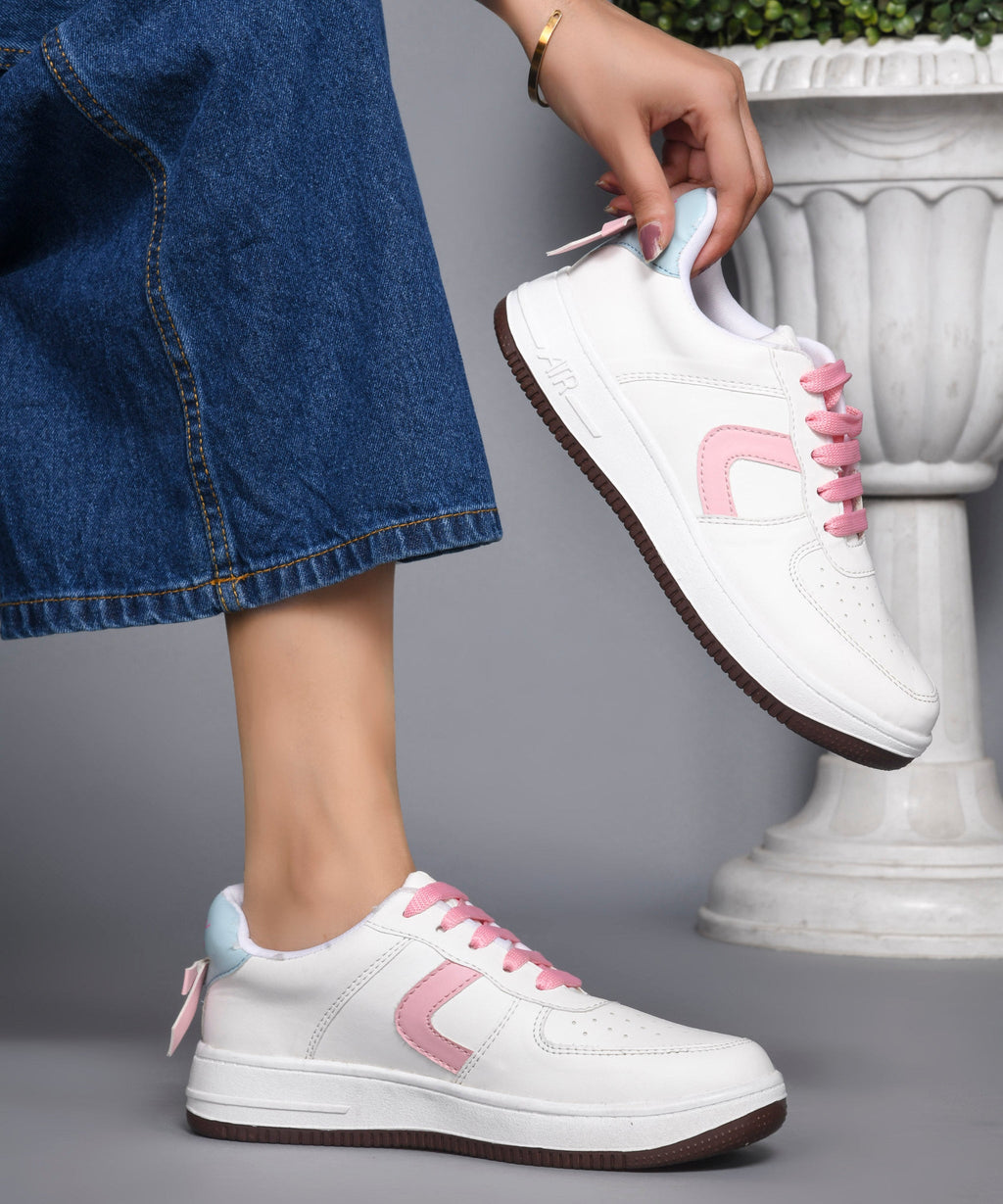 Women's Low Top Lace-Up Bow Casual Sneakers with Perforated Detailing
