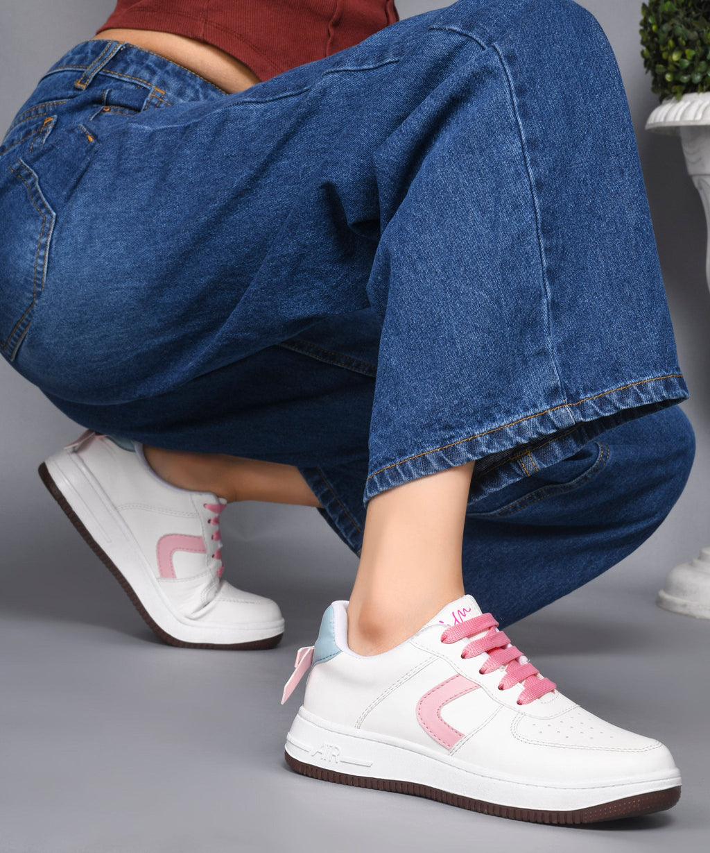 Women's Low Top Lace-Up Bow Casual Sneakers with Perforated Detailing