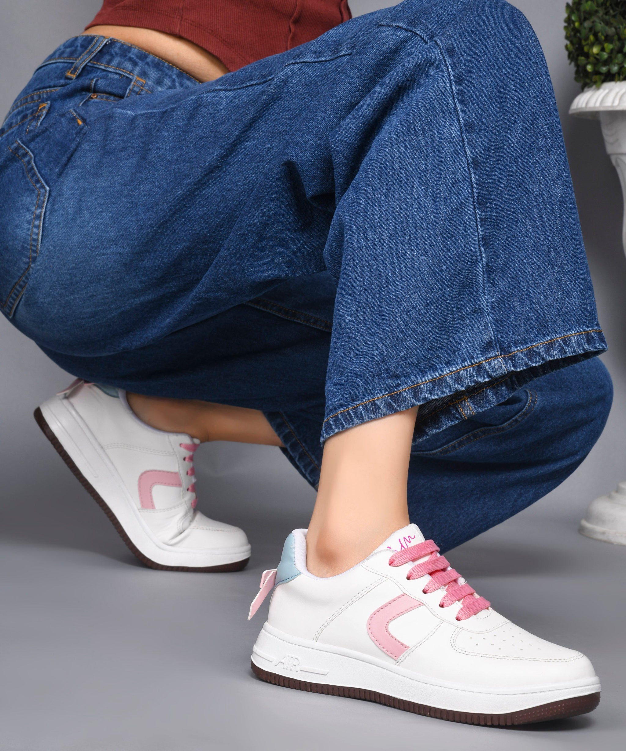 Women's Low Top Lace-Up Bow Casual Sneakers with Perforated Detailing