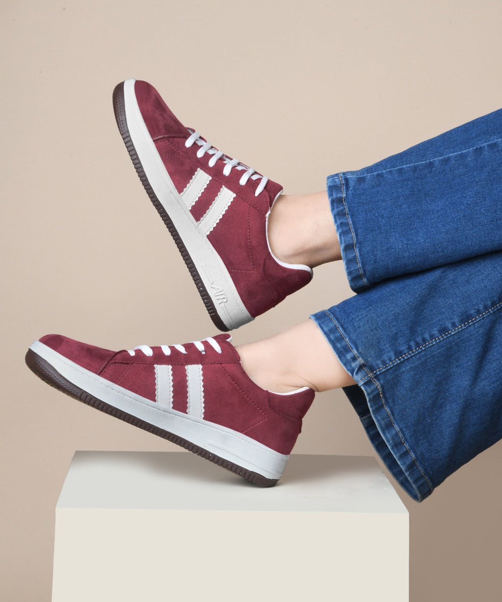 Minimal Suede Low-Top Sneakers with soft gum Sole & Contrast Side Stripes