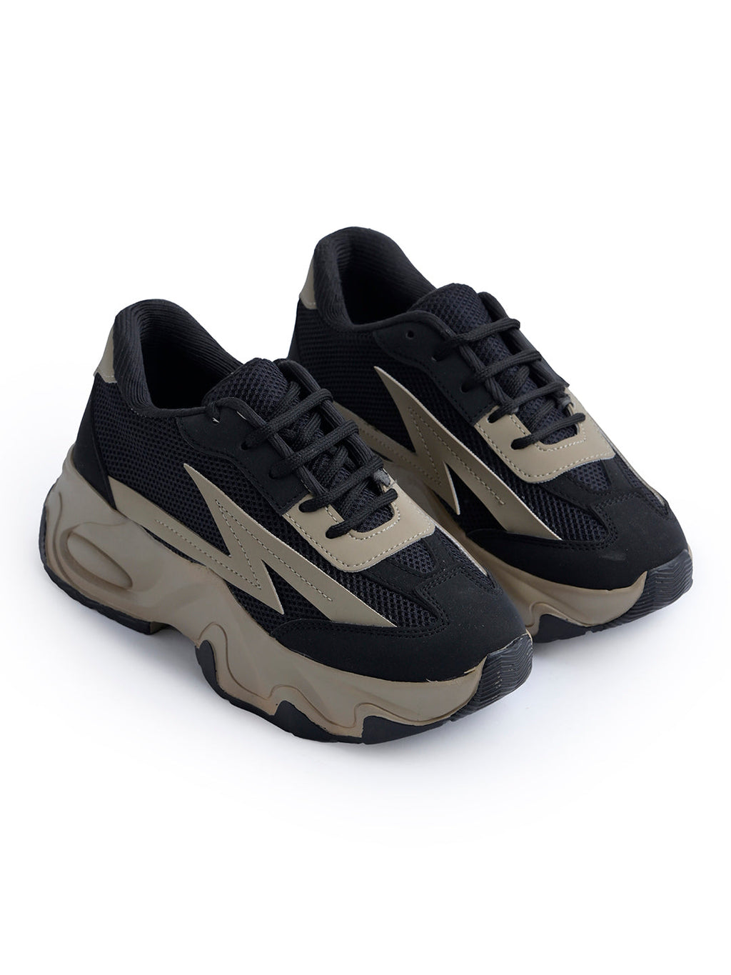 Black Beige Chunky Sneakers for Women lace-up mesh upper thick sole trendy casual stylish comfortable platform footwear