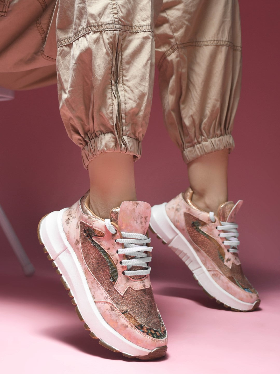 PEACH women's chunky sneakers with snakeskin texture, floral sequin panels, white platform sole, lace-up front