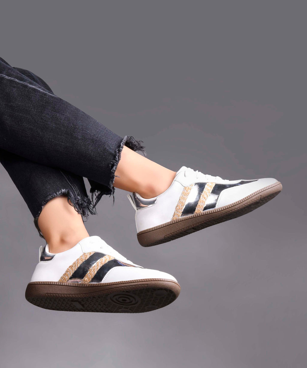 Trendy Sneakers with Metallic Panels & Braided Detailing