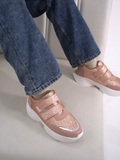 Glitter sneakers for women in Peach with dual velcro straps, white platform sole, silver toe.