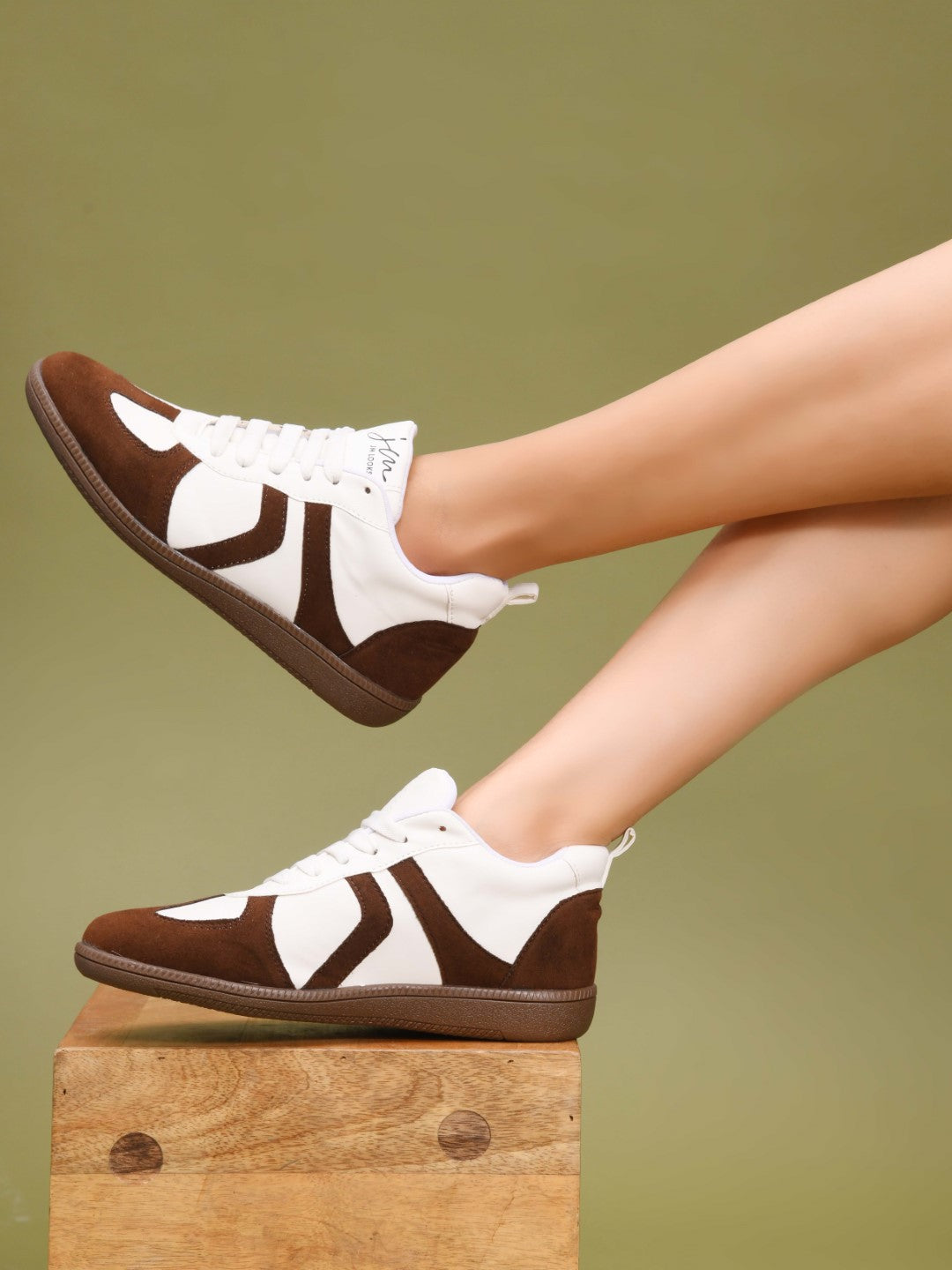 White-Brown Colorblock Trainer Sneakers for Women lace-up suede panel casual stylish shoes