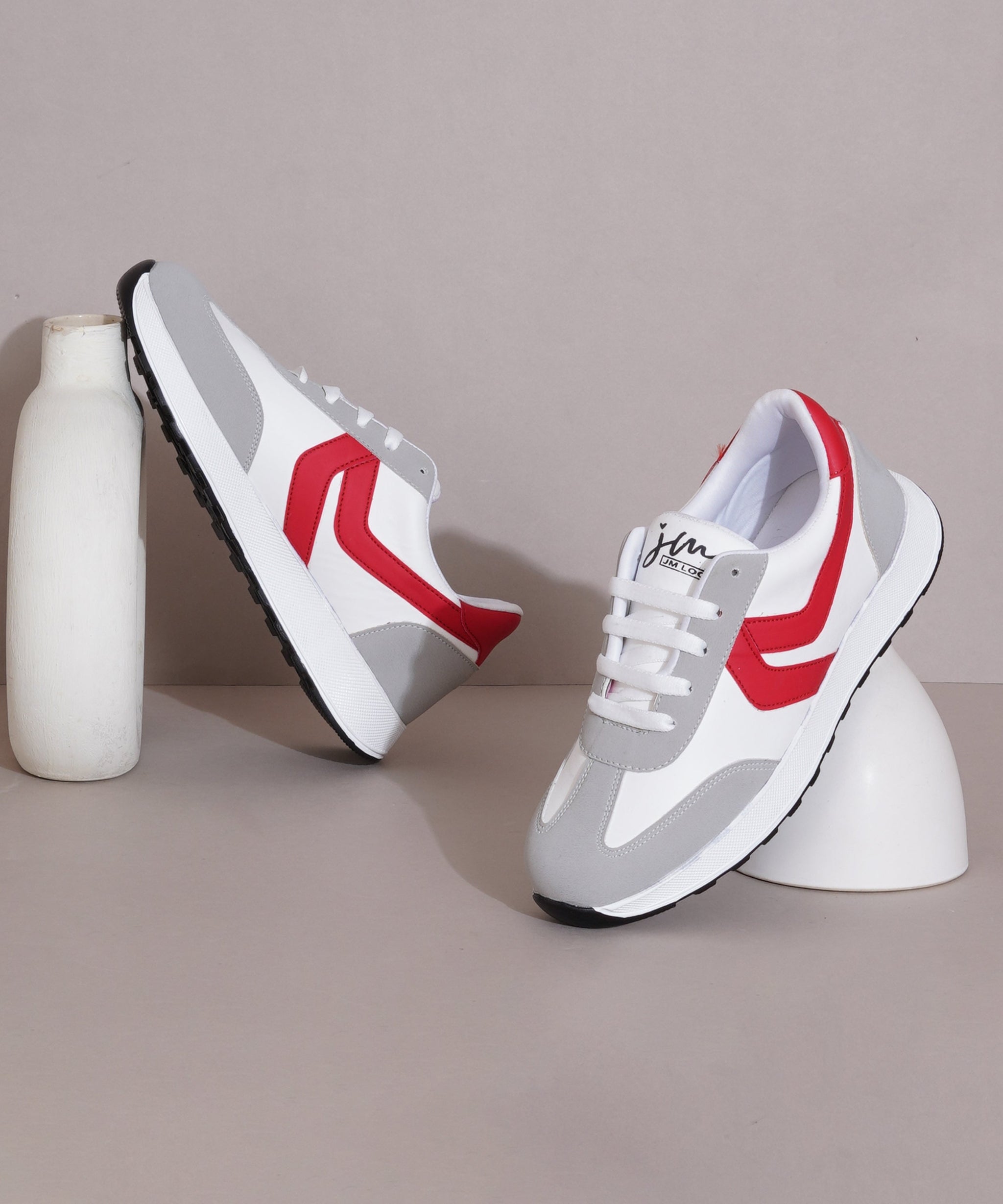 Red-White women's sneakers in white, beige, and tan with lace-up design and chunky white sole